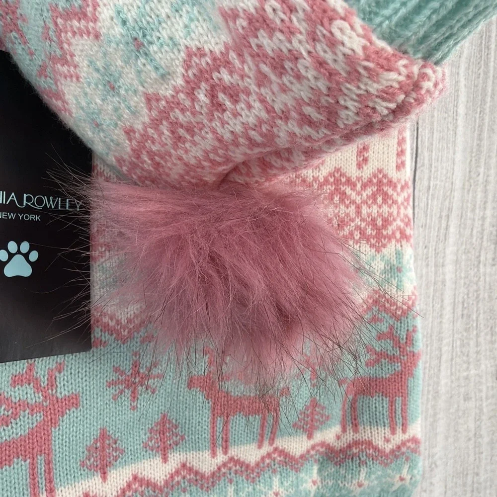 Fair Isle Dog Sweater LARGE Pink Aqua Nordic Hooded Reindeer Candy Canes Winter
